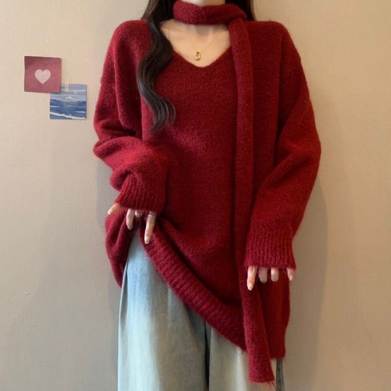 Πλεκτό πουλόβερ με χοντρή πλέξη από ακρυλικό, βισκόζη και πολυεστέρα, V-λαιμόκοψη, μακριά μανίκια, χαλαρή γραμμή, μεσαίου μήκους