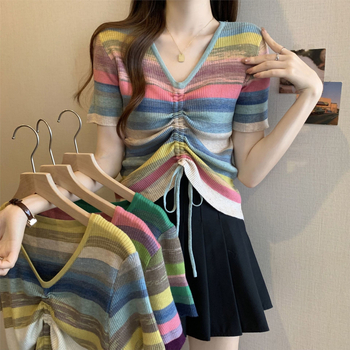 Chenille kötött felső V-nyakú, laza szabású, rövid ujjú, Spandex <30%