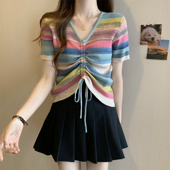 Chenille kötött felső V-nyakú, laza szabású, rövid ujjú, Spandex <30%