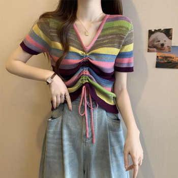 Chenille kötött felső V-nyakú, laza szabású, rövid ujjú, Spandex <30%