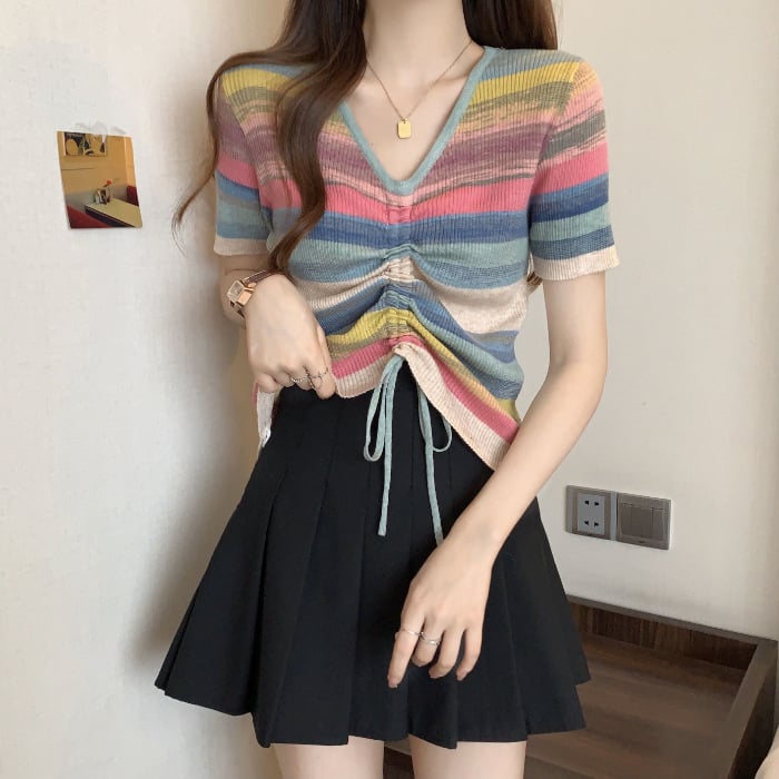 Chenille kötött felső V-nyakú, laza szabású, rövid ujjú, Spandex <30%