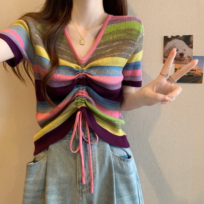 Chenille kötött felső V-nyakú, laza szabású, rövid ujjú, Spandex <30%