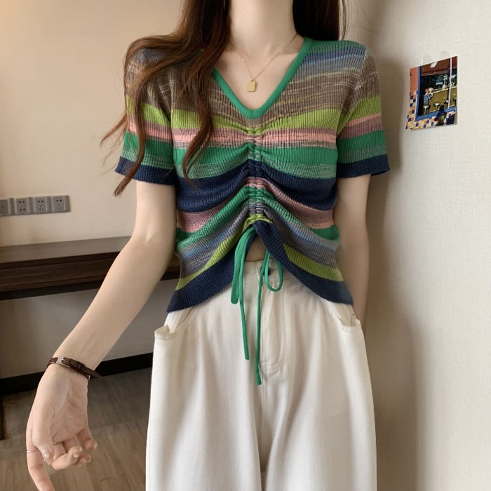 Chenille kötött felső V-nyakú, laza szabású, rövid ujjú, Spandex <30%