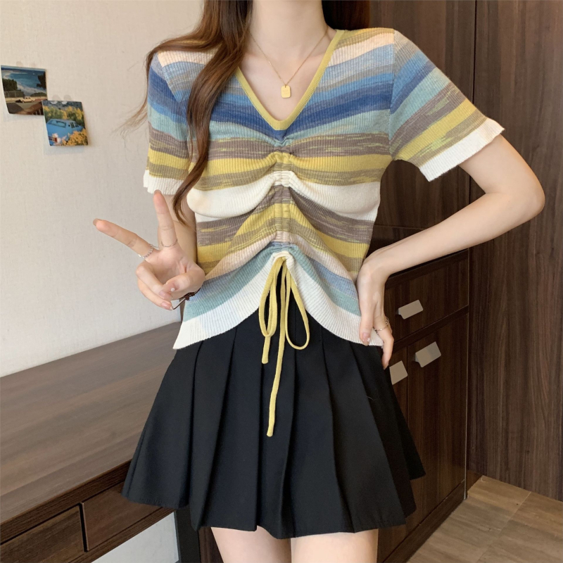 Chenille kötött felső V-nyakú, laza szabású, rövid ujjú, Spandex <30%