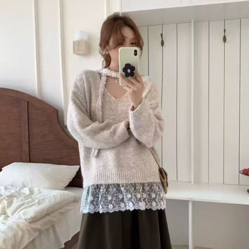 Ženski pulover s nepravilnim čipkastim detaljima, jesenji plus veličina, nježan stil, elegantan top