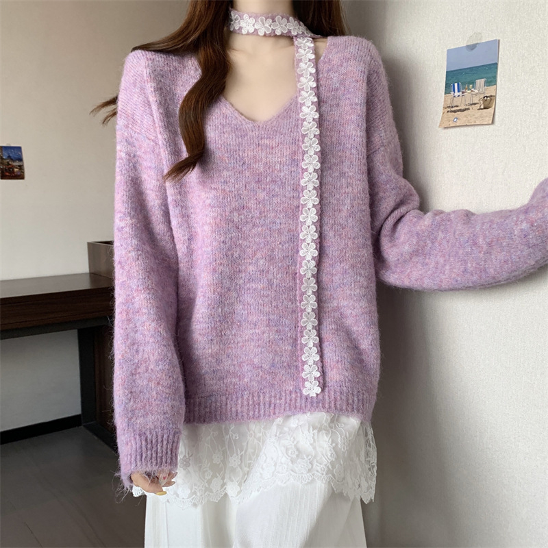 Ženski pulover s nepravilnim čipkastim detaljima, jesenji plus veličina, nježan stil, elegantan top