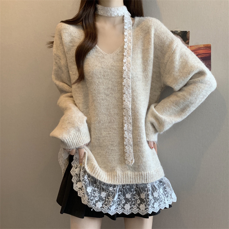 Ženski pulover s nepravilnim čipkastim detaljima, jesenji plus veličina, nježan stil, elegantan top