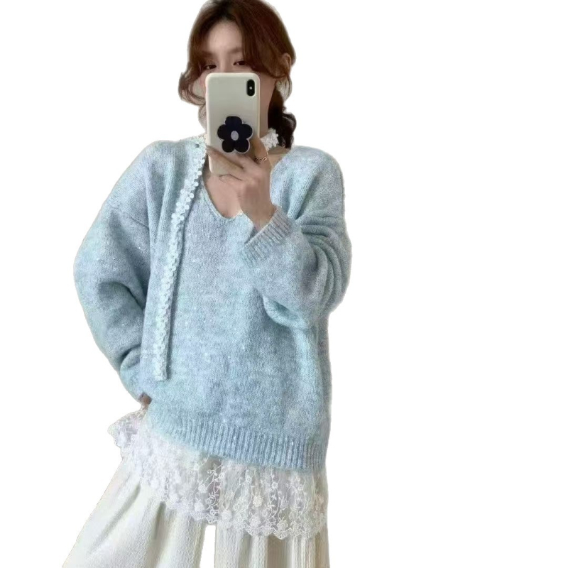 Ženski pulover s nepravilnim čipkastim detaljima, jesenji plus veličina, nježan stil, elegantan top