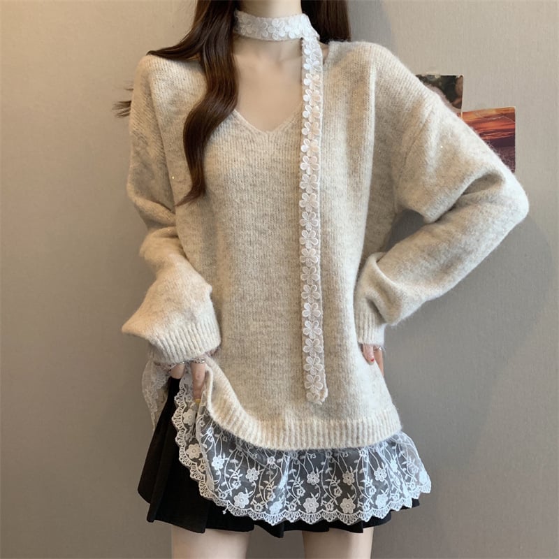 Ženski pulover s nepravilnim čipkastim detaljima, jesenji plus veličina, nježan stil, elegantan top