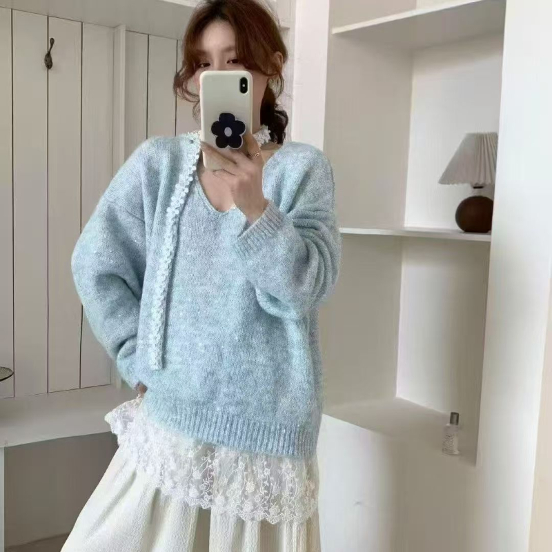 Ženski pulover s nepravilnim čipkastim detaljima, jesenji plus veličina, nježan stil, elegantan top