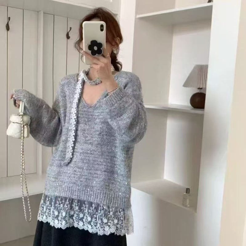 Ženski pulover s nepravilnim čipkastim detaljima, jesenji plus veličina, nježan stil, elegantan top