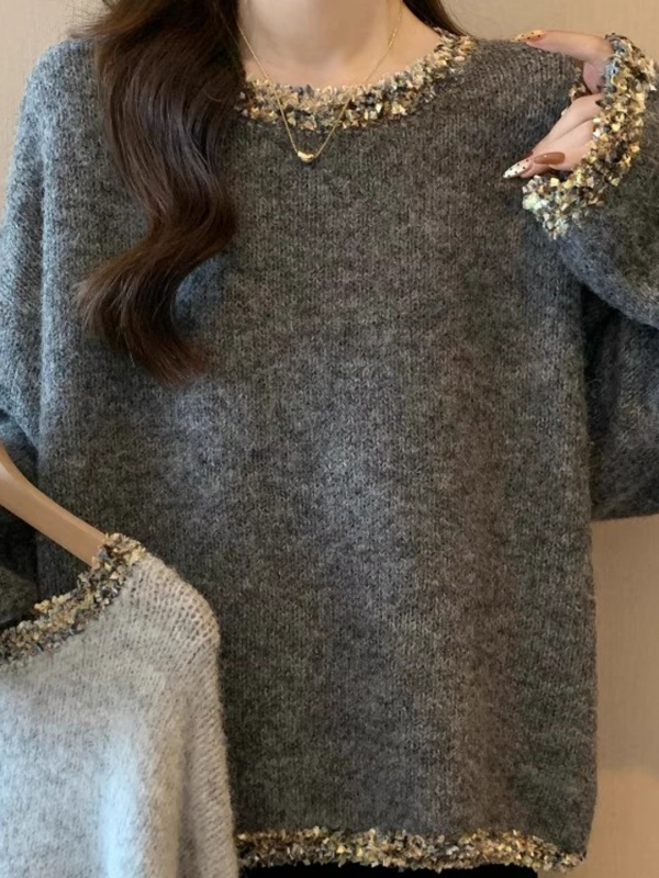 Plus-size ženski džemper Chanel inspiriran, siva s perlicama, okrugli izrez, pleteni, tekstura velura rakuna, jesen-zima, vrhunski komad