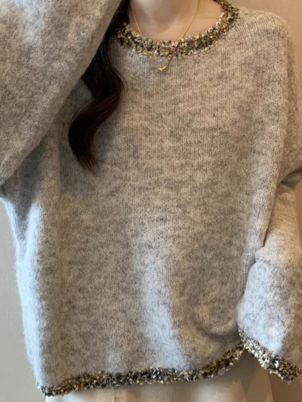 Plus-size ženski džemper Chanel inspiriran, siva s perlicama, okrugli izrez, pleteni, tekstura velura rakuna, jesen-zima, vrhunski komad