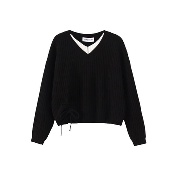 Adīts džemperis ar V formas kaklu, garām piedurknēm, brīvs piegriezums, viltots divdaļīgs dizains, viskozes audums