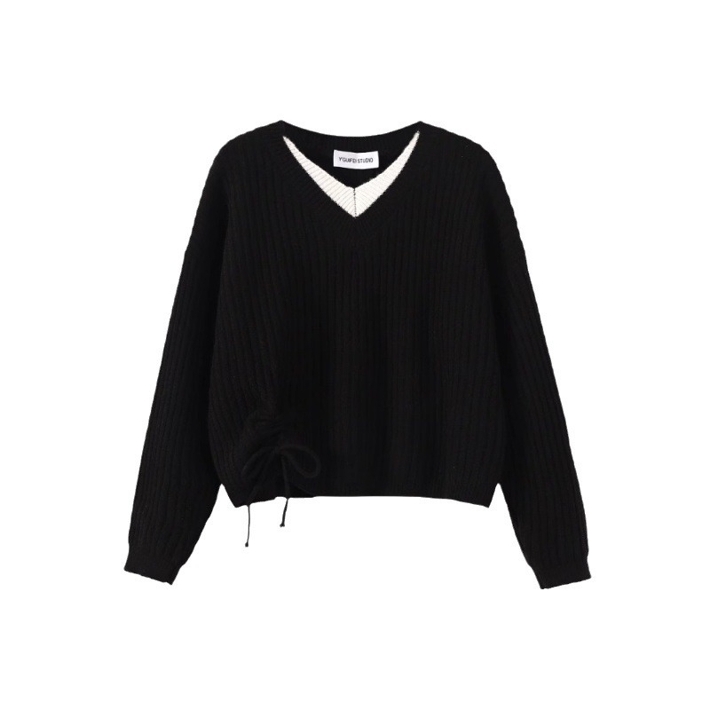 Adīts džemperis ar V formas kaklu, garām piedurknēm, brīvs piegriezums, viltots divdaļīgs dizains, viskozes audums