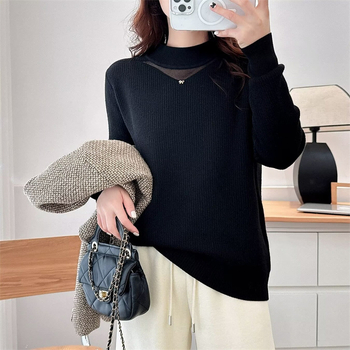 Sieviešu biezu adītu džemperi ar pusi augstu apkakli, brīvs piegriezums, garas piedurknes, poliesteris, ziemas 2024