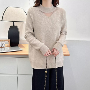 Sieviešu biezu adītu džemperi ar pusi augstu apkakli, brīvs piegriezums, garas piedurknes, poliesteris, ziemas 2024