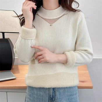 Sieviešu biezu adītu džemperi ar pusi augstu apkakli, brīvs piegriezums, garas piedurknes, poliesteris, ziemas 2024