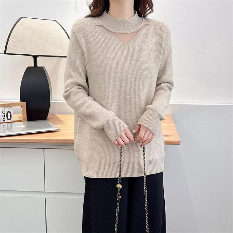 Sieviešu biezu adītu džemperi ar pusi augstu apkakli, brīvs piegriezums, garas piedurknes, poliesteris, ziemas 2024