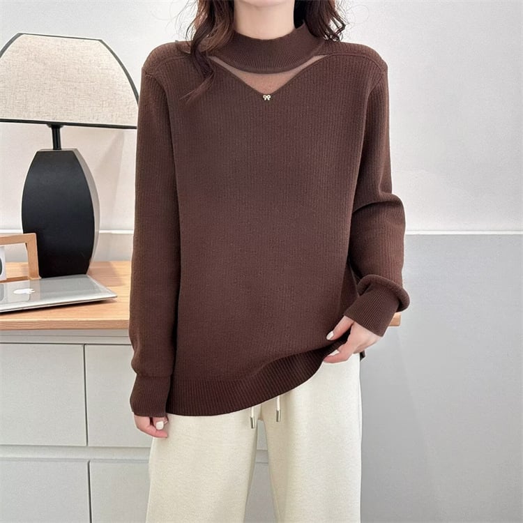 Sieviešu biezu adītu džemperi ar pusi augstu apkakli, brīvs piegriezums, garas piedurknes, poliesteris, ziemas 2024