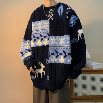 Muški patchwork džemper zimi, debeli pleteni model, retro božićni stil, plus veličine, topao