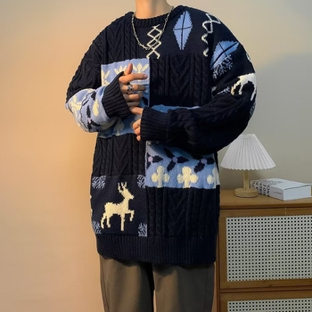 Muški patchwork džemper zimi, debeli pleteni model, retro božićni stil, plus veličine, topao
