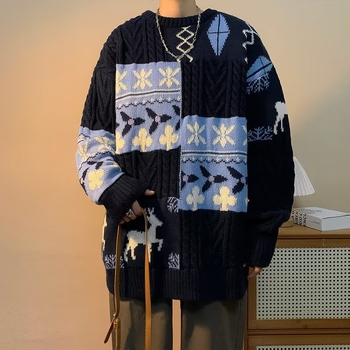 Muški patchwork džemper zimi, debeli pleteni model, retro božićni stil, plus veličine, topao
