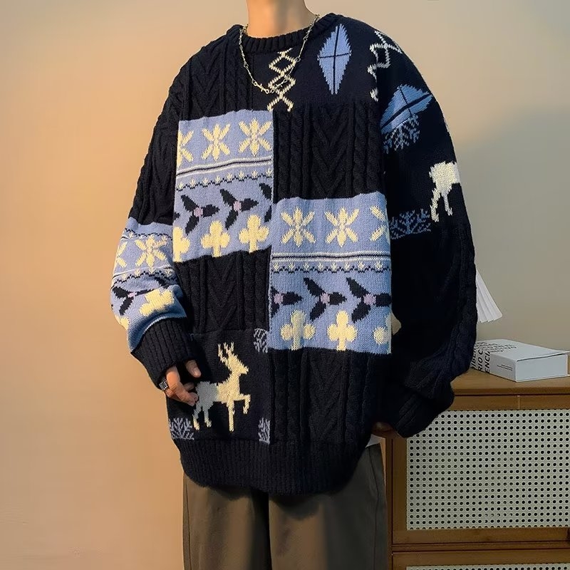 Muški patchwork džemper zimi, debeli pleteni model, retro božićni stil, plus veličine, topao