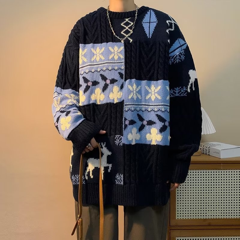 Muški patchwork džemper zimi, debeli pleteni model, retro božićni stil, plus veličine, topao
