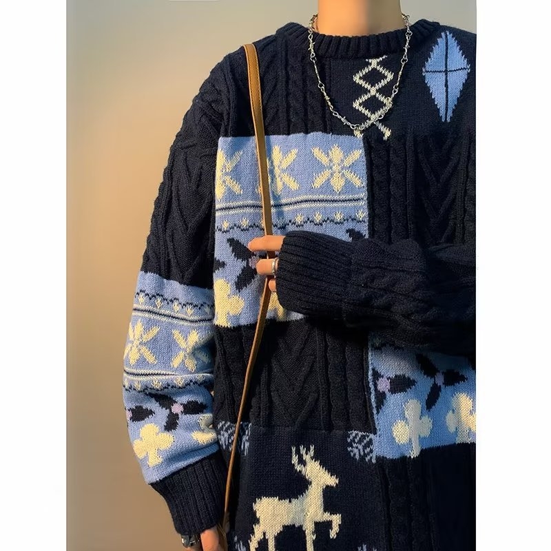 Muški patchwork džemper zimi, debeli pleteni model, retro božićni stil, plus veličine, topao