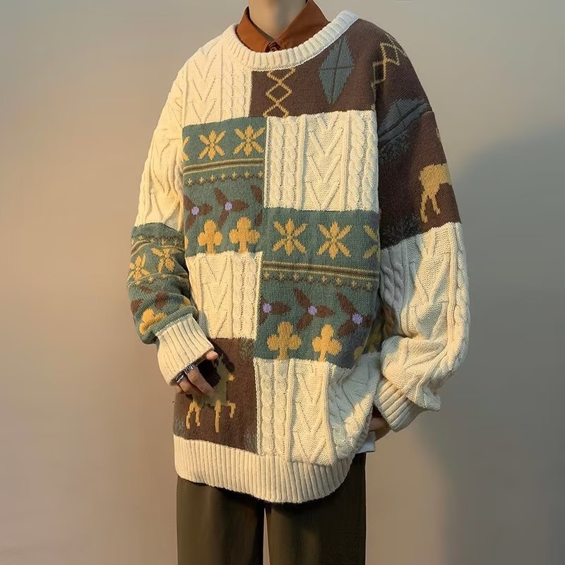 Muški patchwork džemper zimi, debeli pleteni model, retro božićni stil, plus veličine, topao