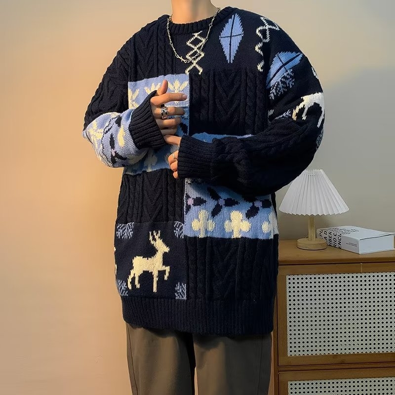 Muški patchwork džemper zimi, debeli pleteni model, retro božićni stil, plus veličine, topao