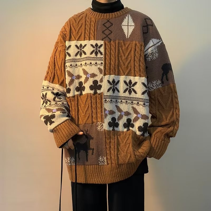 Muški patchwork džemper zimi, debeli pleteni model, retro božićni stil, plus veličine, topao