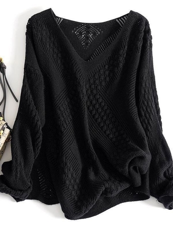 Plus-size pleteni pulover s otvorenim uzorkom, V-izrez, dugi rukavi, srednja duljina, ženski top