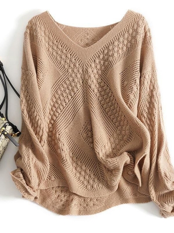 Plus-size pleteni pulover s otvorenim uzorkom, V-izrez, dugi rukavi, srednja duljina, ženski top