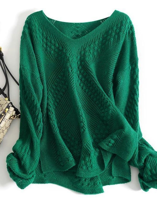 Plus-size pleteni pulover s otvorenim uzorkom, V-izrez, dugi rukavi, srednja duljina, ženski top