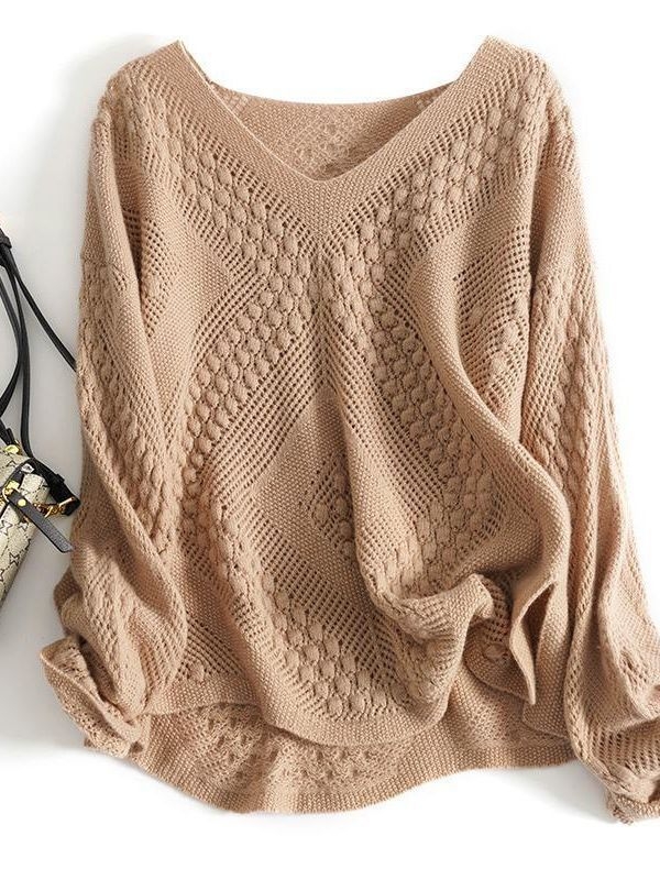 Plus-size pleteni pulover s otvorenim uzorkom, V-izrez, dugi rukavi, srednja duljina, ženski top