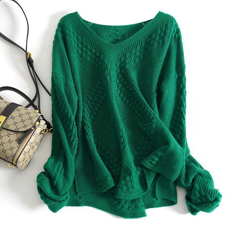 Plus-size pleteni pulover s otvorenim uzorkom, V-izrez, dugi rukavi, srednja duljina, ženski top