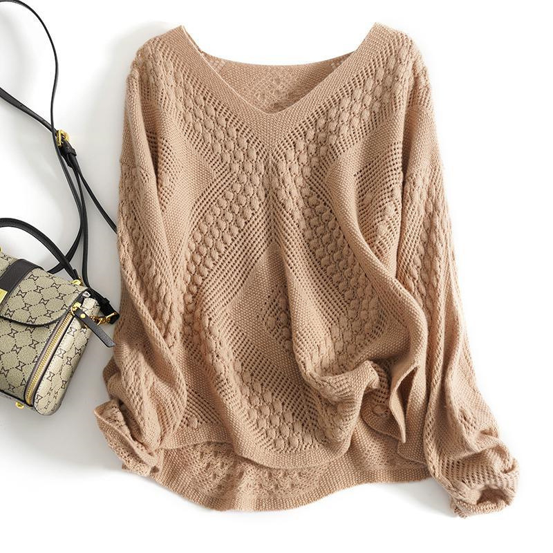 Plus-size pleteni pulover s otvorenim uzorkom, V-izrez, dugi rukavi, srednja duljina, ženski top