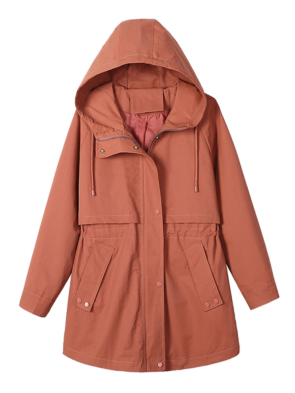 Дамско палто с средна дължина, с качулка, преден цип; памучно-нейлонова смес (50–70% памук, 30–50% нейлон); свободен силует.