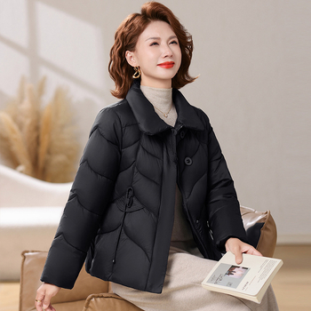 Slim-fit medvilninė-pildyta striukė rudens–žiemos sezonui, Plus dydis, trumpas ilgis 50–65 cm, užtrauktukas, V formos apykaklė, vienos spalvos, poliesterio-paminkštinimas, elastinga poliesterio medžiaga