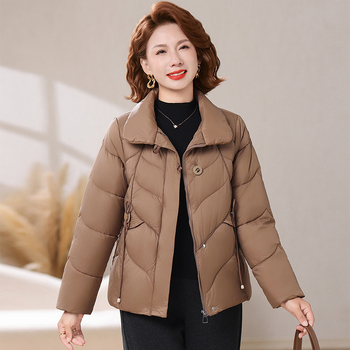 Slim-fit medvilninė-pildyta striukė rudens–žiemos sezonui, Plus dydis, trumpas ilgis 50–65 cm, užtrauktukas, V formos apykaklė, vienos spalvos, poliesterio-paminkštinimas, elastinga poliesterio medžiaga