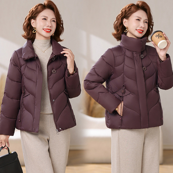 Slim-fit medvilninė-pildyta striukė rudens–žiemos sezonui, Plus dydis, trumpas ilgis 50–65 cm, užtrauktukas, V formos apykaklė, vienos spalvos, poliesterio-paminkštinimas, elastinga poliesterio medžiaga