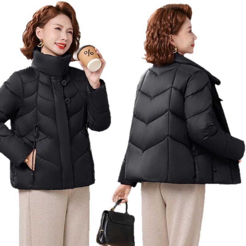 Slim-fit medvilninė-pildyta striukė rudens–žiemos sezonui, Plus dydis, trumpas ilgis 50–65 cm, užtrauktukas, V formos apykaklė, vienos spalvos, poliesterio-paminkštinimas, elastinga poliesterio medžiaga