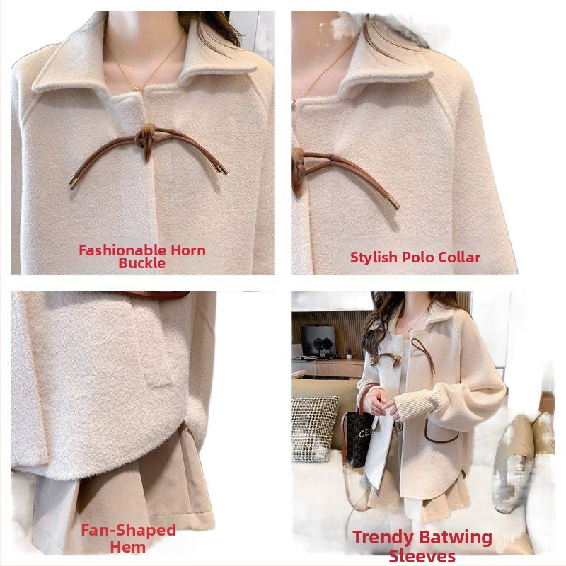 Moteriškas laisvo kirpimo striukė rudens-žiemos sezonui su kišenėmis ir sagomis; poliesterio išorinis audinys, pagrindinis audinys – triušio kailis (<30%), kitas audinys (<30%)