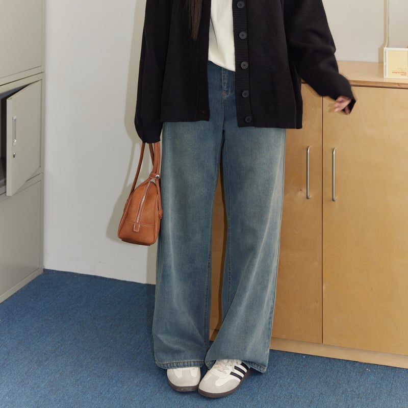 Двупартиен есенен комплект: кардиган от chenille и дънки с висока талия, Slim fit, триизмерно рязане