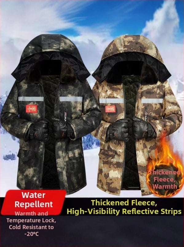 Férfi téli kabát kamufláž mintával, fleece béléssel, levehető kapucnival, vízálló, középhosszú, elülső cipzárral.