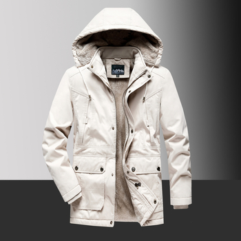 Férfi kapucnis bélelt kabát fleece-béléssel, poliészter töltettel, középhosszú, cipzáras, több zsebbel