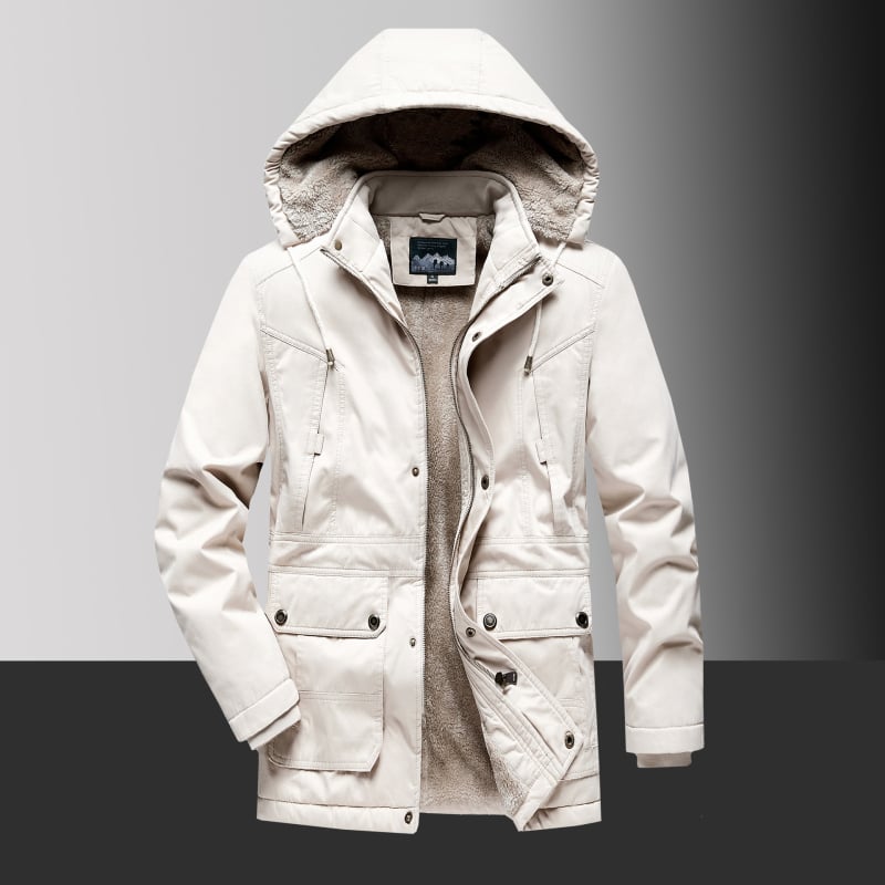 Férfi kapucnis bélelt kabát fleece-béléssel, poliészter töltettel, középhosszú, cipzáras, több zsebbel