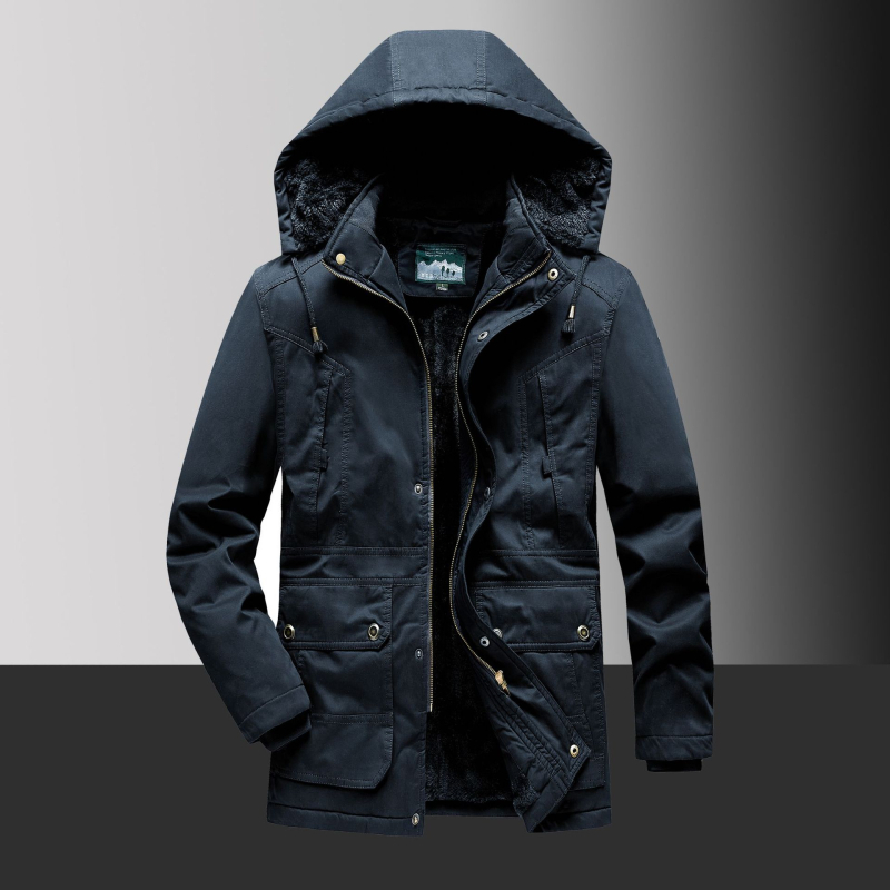 Férfi kapucnis bélelt kabát fleece-béléssel, poliészter töltettel, középhosszú, cipzáras, több zsebbel